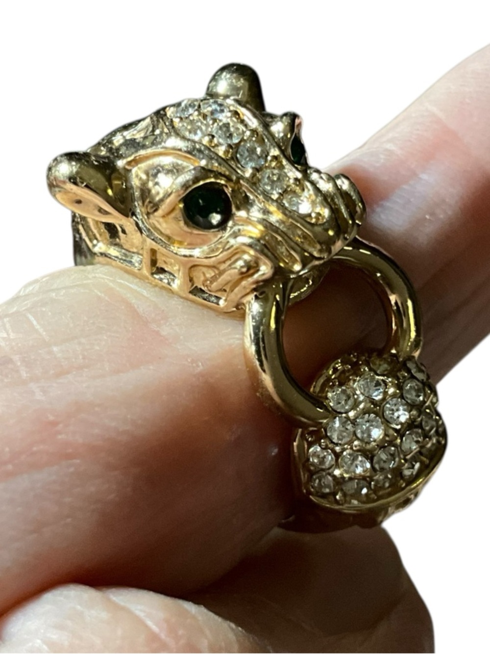 Vintage Banana Republic Panther Ring Gold Tone Rhinestone Green Eyes Statement - Picture 5 of 12